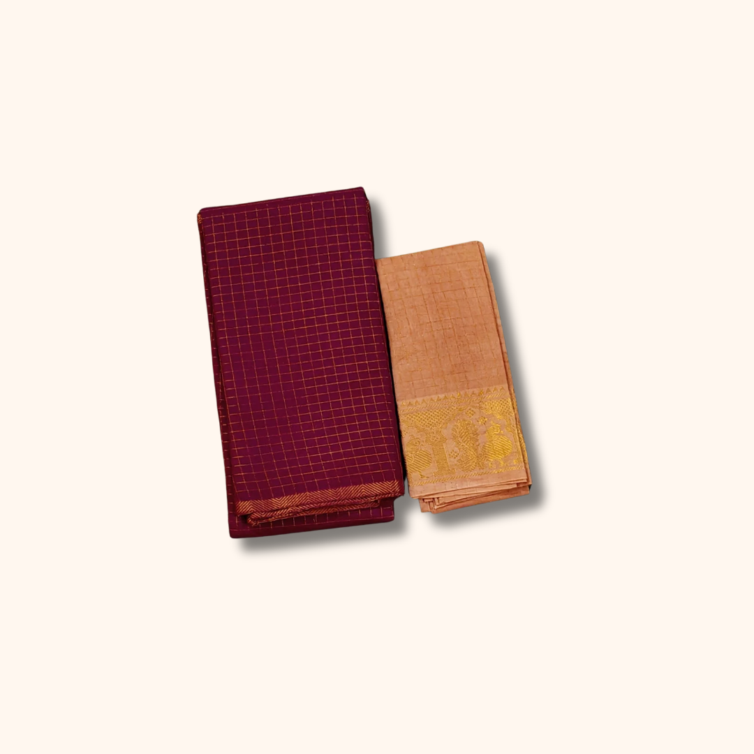 Maroon Checked Sungudi Cotton Saree with Peach Separate Blouse Piece