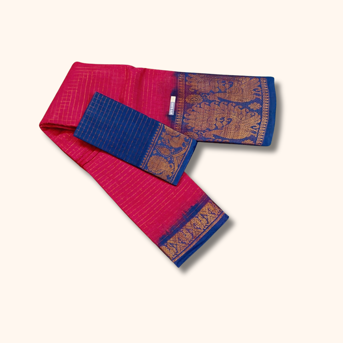 Pink & Royal Blue Checked Cotton Saree with Traditional Zari Border – Separate Blouse Piece