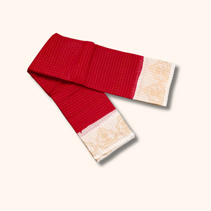 Red & Off-White Checked Sungudi Cotton Saree with Floral Zari Border