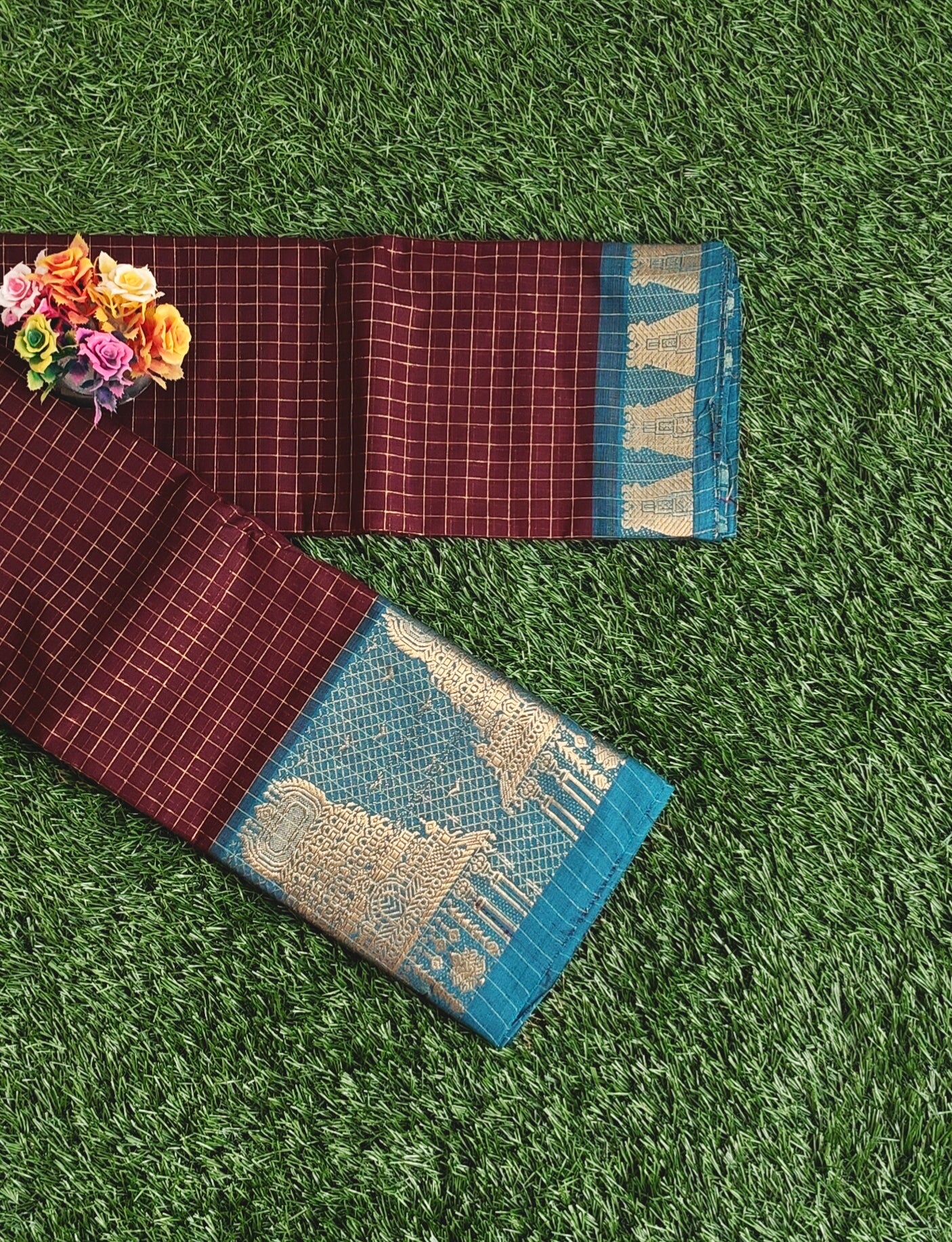 Chettinad Cotton Saree with Meenakshi Gopuram Border – Dark Chocolate Brown Checks with Teal Blue Border