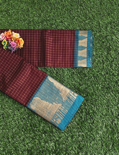 Chettinad Cotton Saree with Meenakshi Gopuram Border – Dark Chocolate Brown Checks with Teal Blue Border