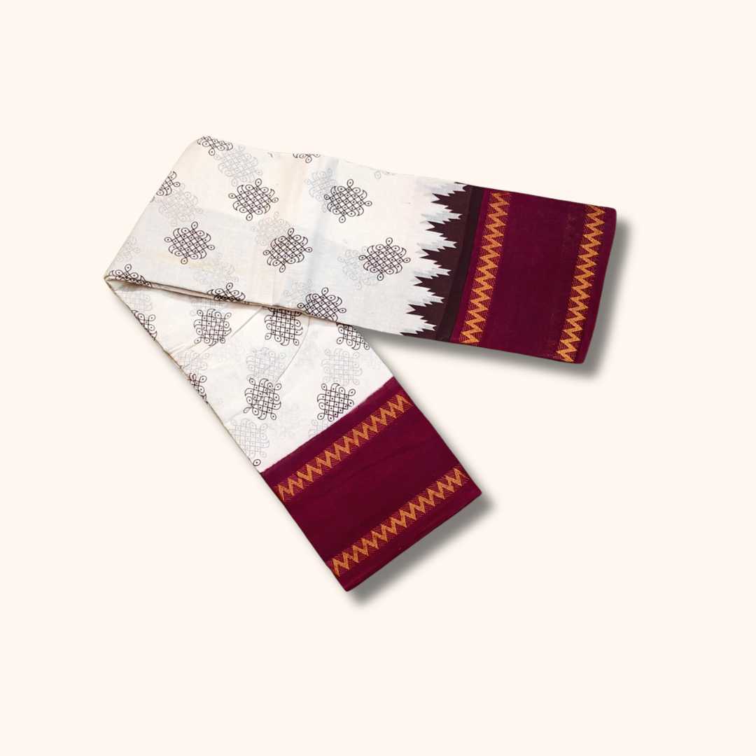 White Sungudi Cotton Saree with Maroon Zigzag Border – Running Blouse