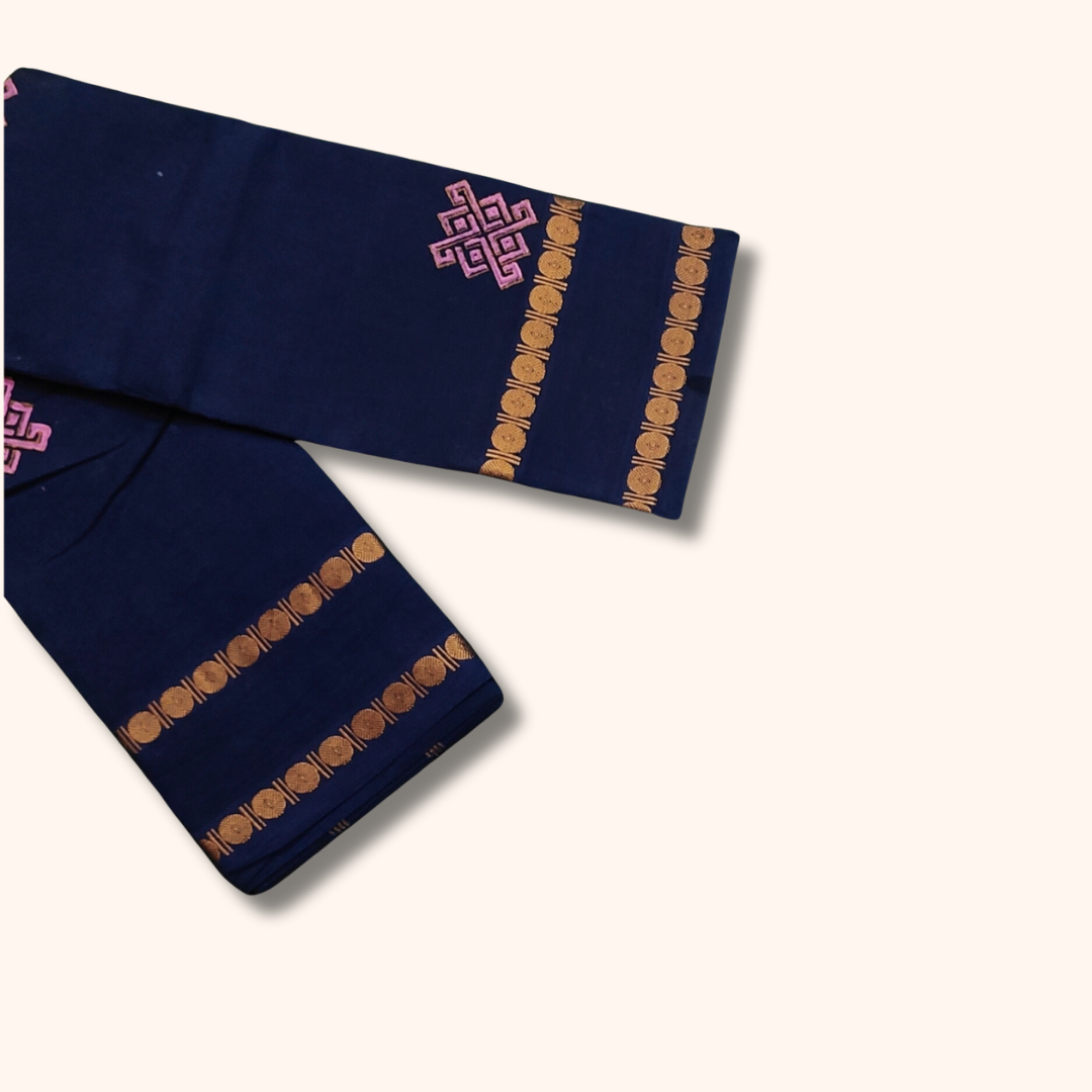 Dark Blue Cotton Saree with Gold Border – Running Blouse