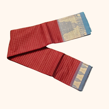 Classic Red Chettinad Cotton Saree with Teal green Temple Border