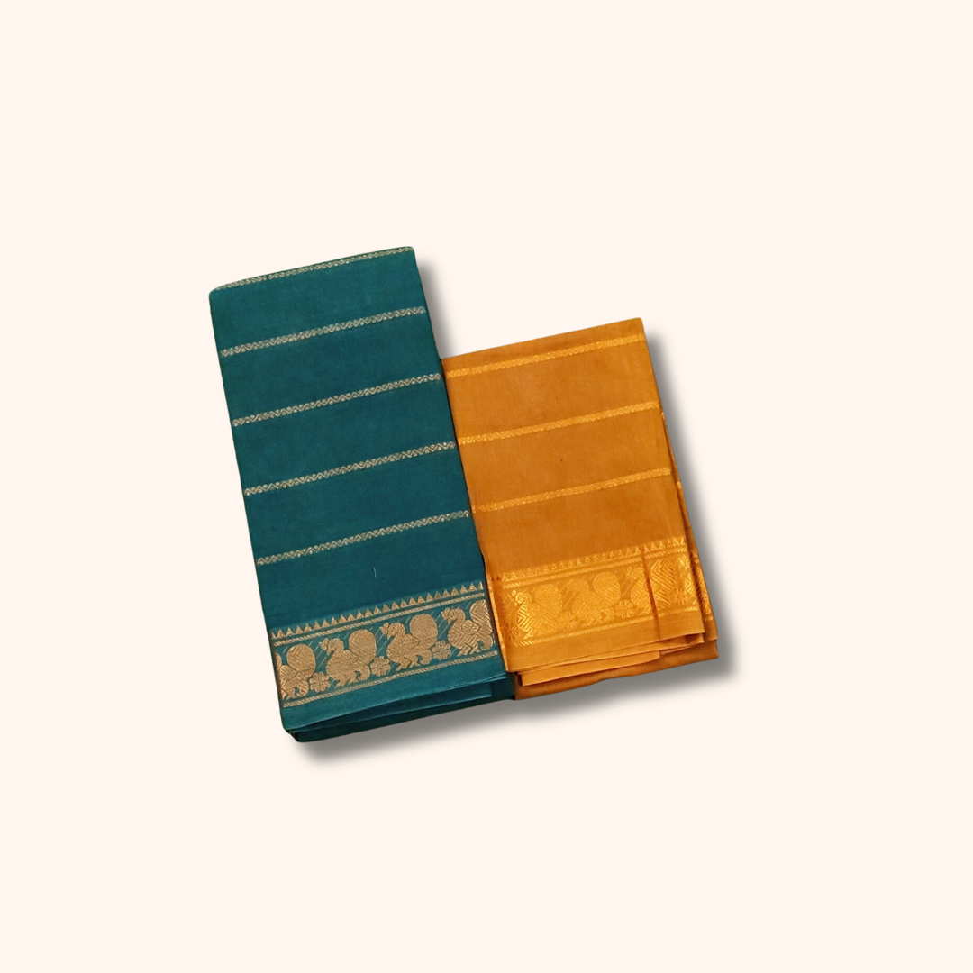 Teal Green Cotton Saree with Golden Borders