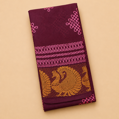 Dark Maroon Cotton Saree with Pink Thread Kolam Design & Peacock Border