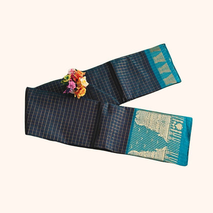 Authentic Teal Green Chettinad Cotton Saree with Meenakshi Gopuram Border