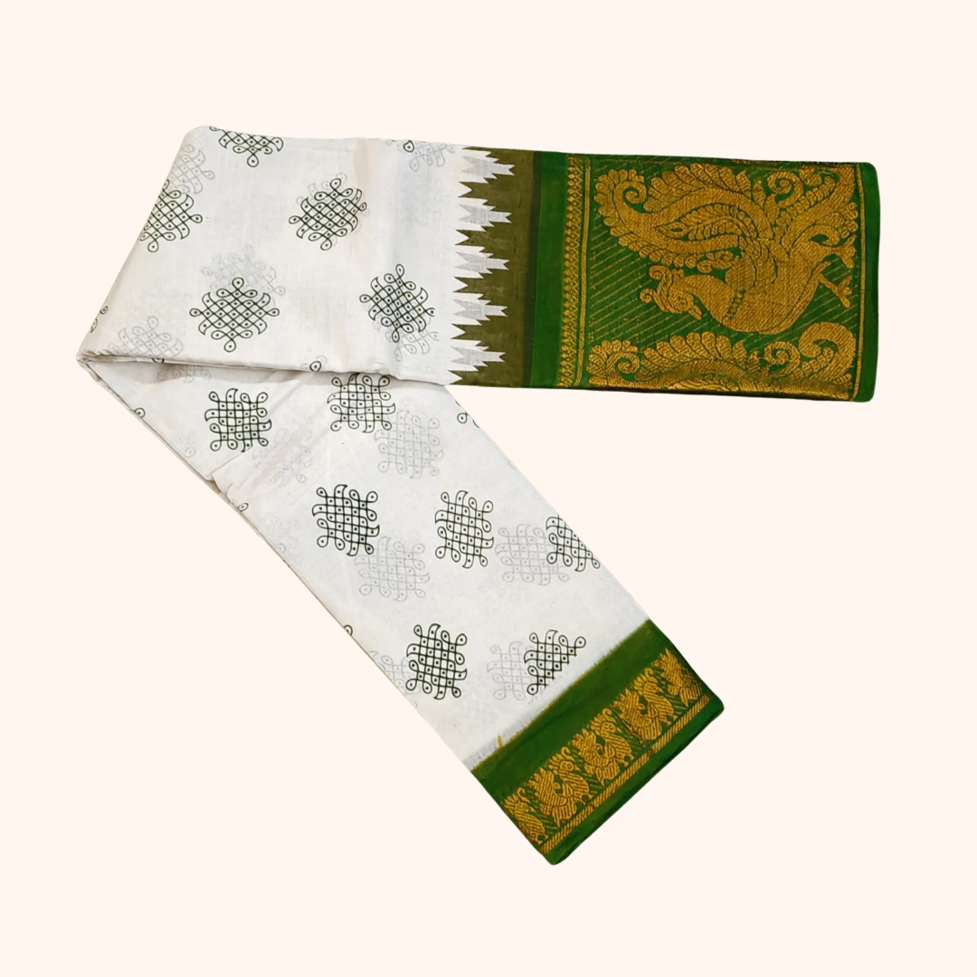 White & Green Kolam Temple Border Sungudi Cotton Saree