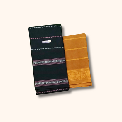 Black Cotton Sungudi Saree with Mustard Yellow Contrast Blouse – Traditional Cotton Saree