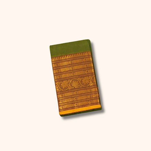 Olive Green Chettinad Cotton Saree with Rich Gold Zari Border