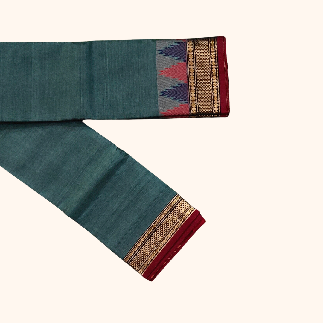 Steel Blue Chettinad Cotton Saree with Temple Border