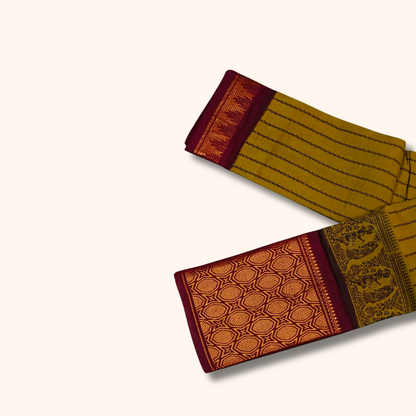 Olive Green Striped Cotton Saree with Maroon Geometric Border