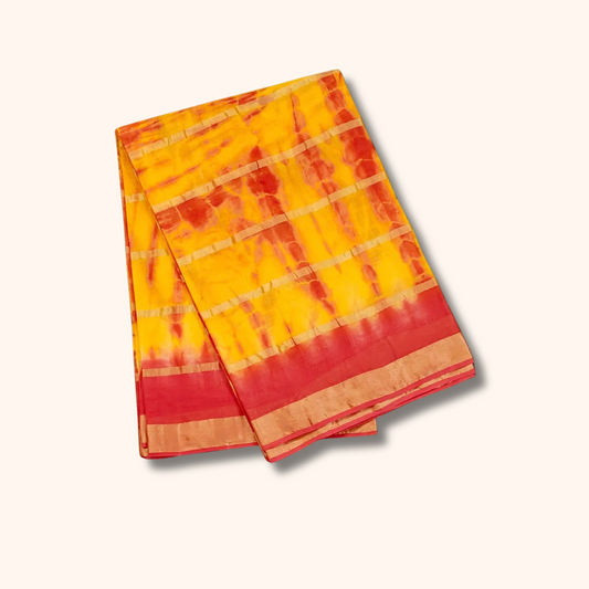 Mustard Yellow & Red Tie-Dye Cotton Saree with Gold Border – Separate Blouse