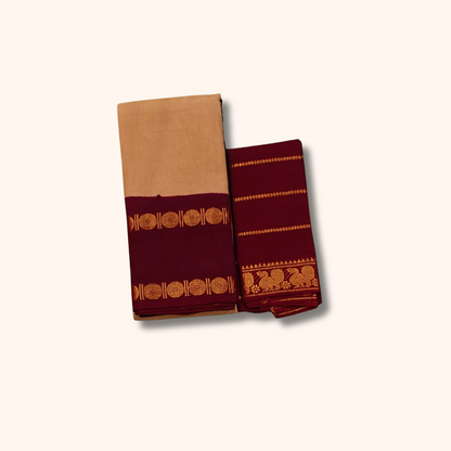 Beige & Maroon Cotton Saree with Gold Zari Circular Motifs & Border – Separate Blouse