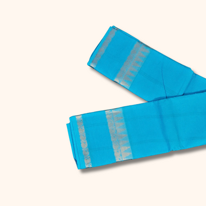 Turquoise Blue Pure Cotton Saree with Silver Zari Border – Running Blouse
