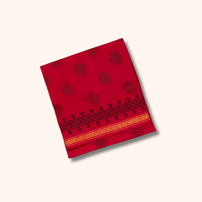 Ruby Red Kolam Print with Gold Zari Border