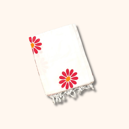 Mulmul Cotton Saree in Elegant White with Daisy Floral Print & Tassel Pallu