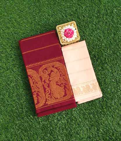 Beautiful Wine Maroon South Indian Cotton Saree with Contrast Blouse