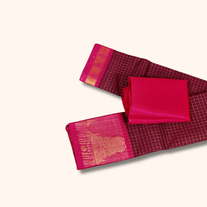 Wine Maroon Chettinad Cotton Saree with Pink Temple Border & Gold Zari – Separate Blouse Piece