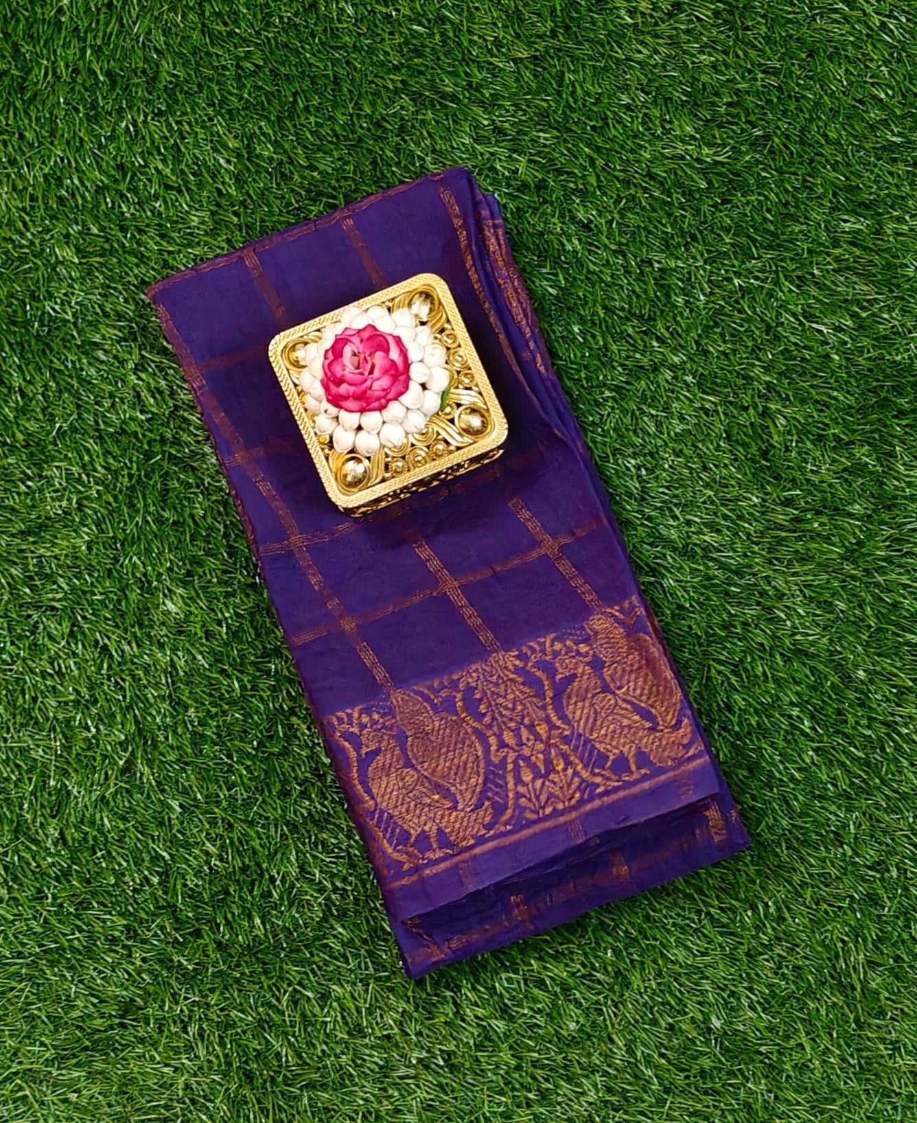 Traditional Sungudi Cotton Blouse Fabric – Purple Checkered Design