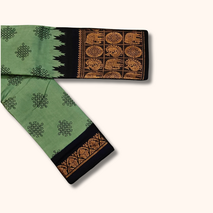 Mint Green Kolam Sungudi Cotton Saree with Black Elephant Heritage Border