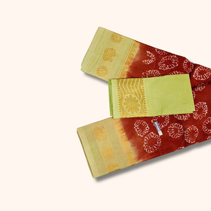 Rust Red & Pastel Green Pure Cotton Saree with Floral Zari Border – Running Blouse