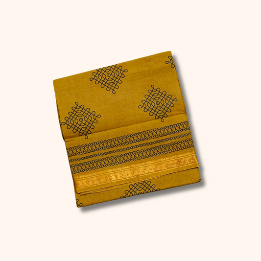 Mustard Yellow Sungudi Cotton Saree with Kolam Motifs