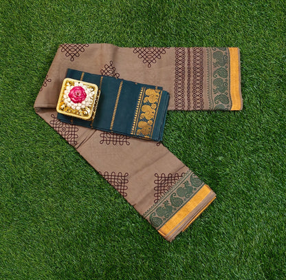Dusty Brown Sungudi Cotton Saree with Kolam Motifs & Teal Green Contrast Border