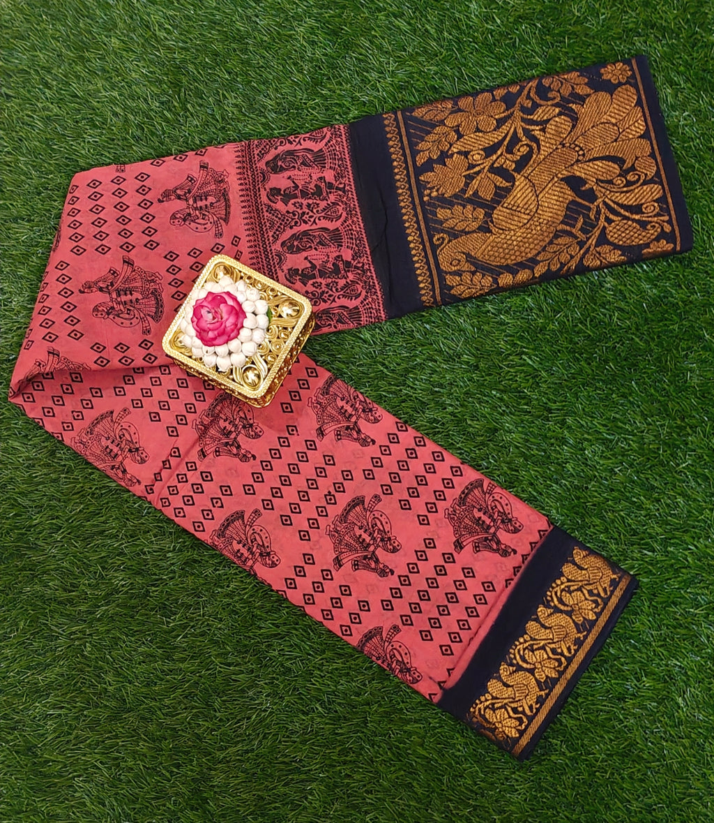 Brick Pink Sungudi Cotton Saree with Black & Gold Zari Border