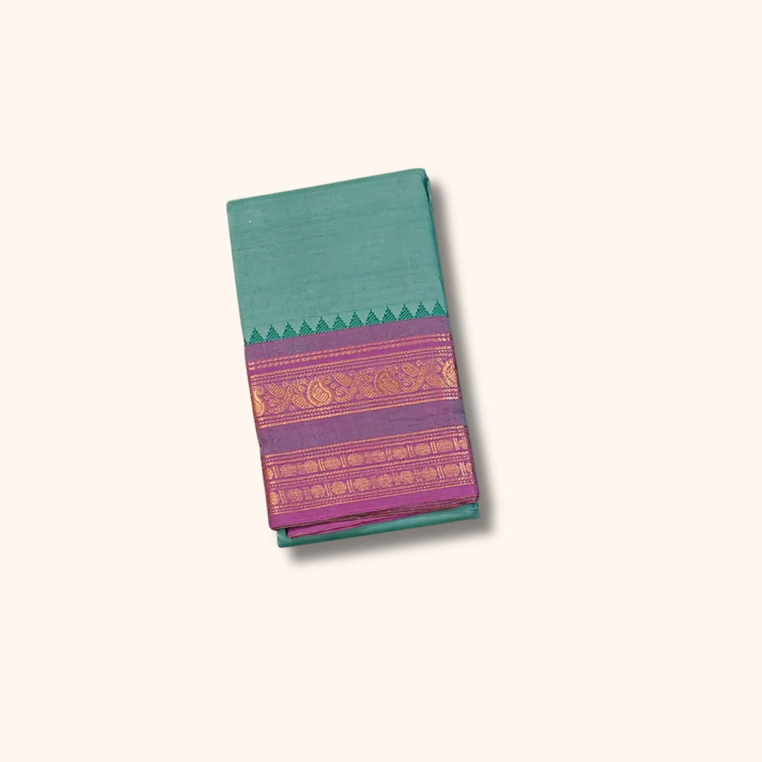 Sea Green Chettinad Cotton Saree with Purple Temple Border