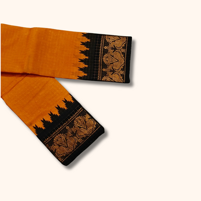 Orange & Black Peacock Zari Border Sungudi Cotton Saree