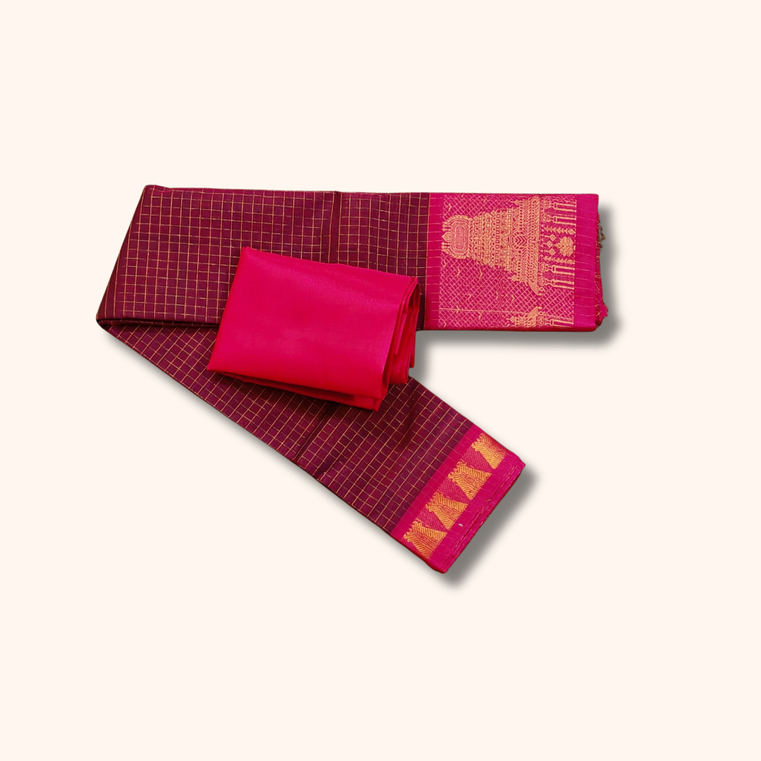 Wine Maroon Chettinad Cotton Saree with Pink Temple Border & Gold Zari – Separate Blouse Piece