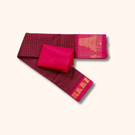 Wine Maroon Chettinad Cotton Saree with Pink Temple Border & Gold Zari – Separate Blouse Piece