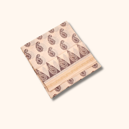 Cream Paisley Print Cotton Saree with Geometric Border