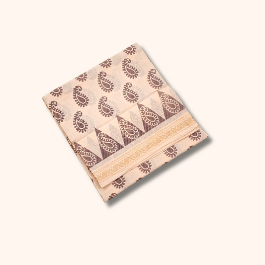 Cream Paisley Print Cotton Saree with Geometric Border