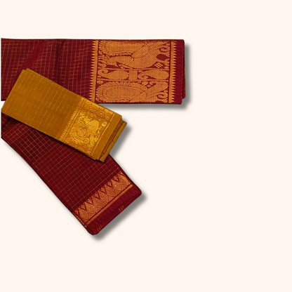 Maroon Sungudi Cotton Saree with Gold Zari Peacock Border & Mustard Separate Blouse