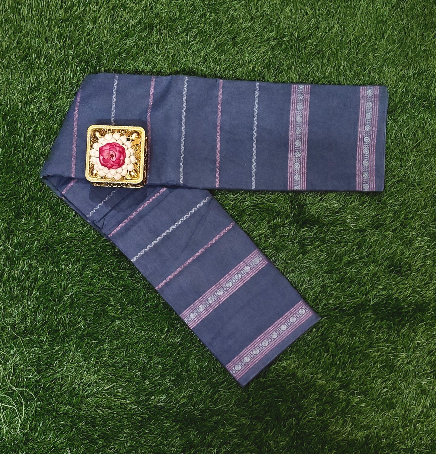 Slate Grey Sungudi Cotton Saree with Zari Stripe Design