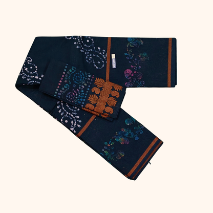 Dark Ink Blue Sungudi Cotton Saree with Multicolor Batik Floral Design & Designer Border