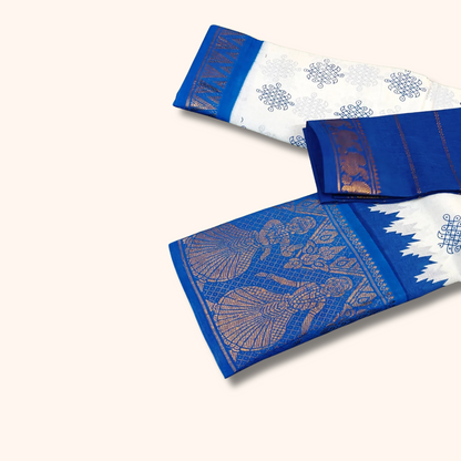 White & Royal Blue Kolam Temple Border Sungudi Cotton Saree with Separate Blouse