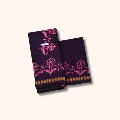 Deep Purple Sungudi Cotton Saree with Pink Batik Floral Design & Matching Blouse Piece