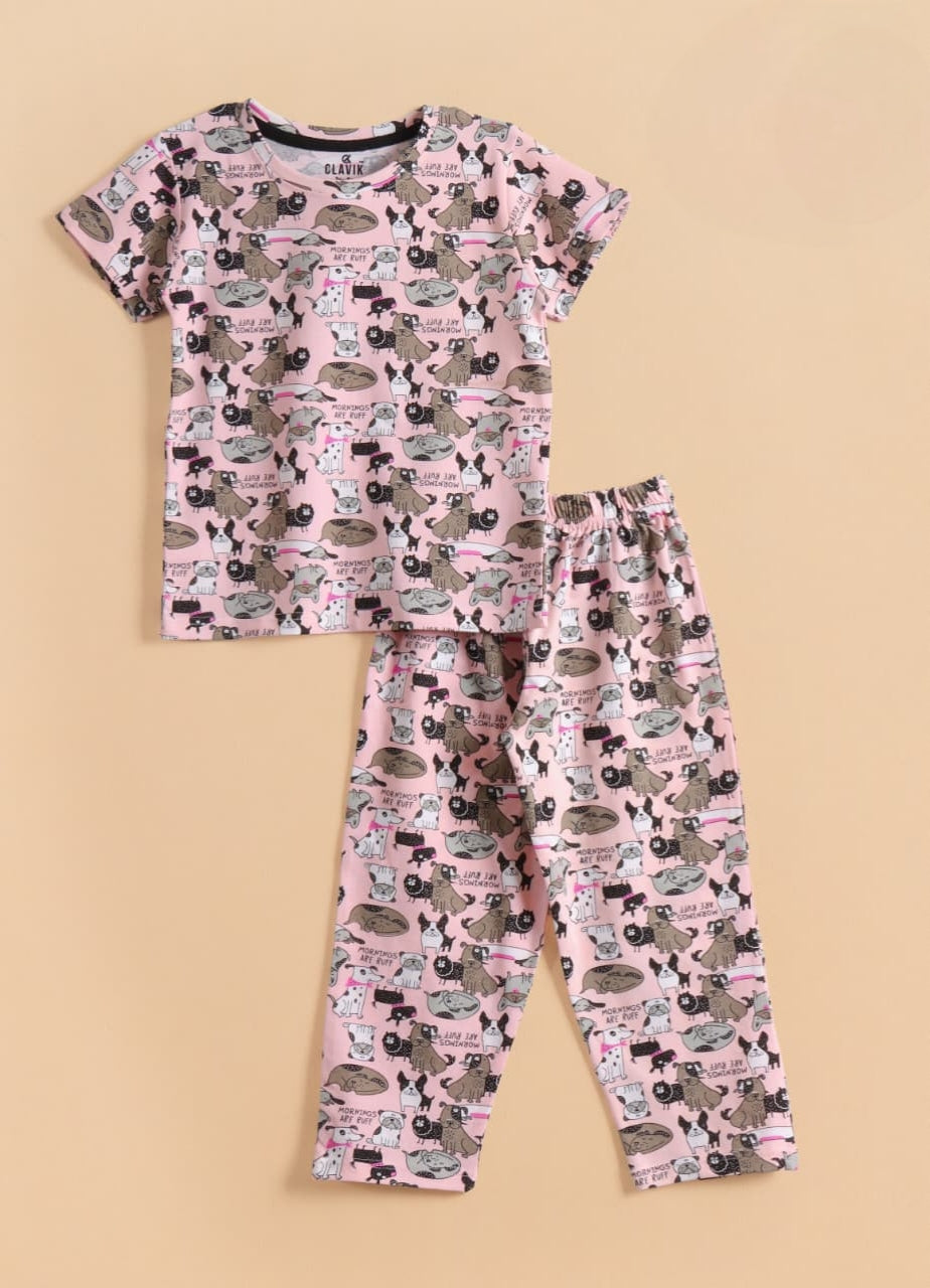 Kids Unisex Pure Cotton T-Shirt & Pant Set – Cute Puppy & Dog Print Comfort Wear (Soft Pink)