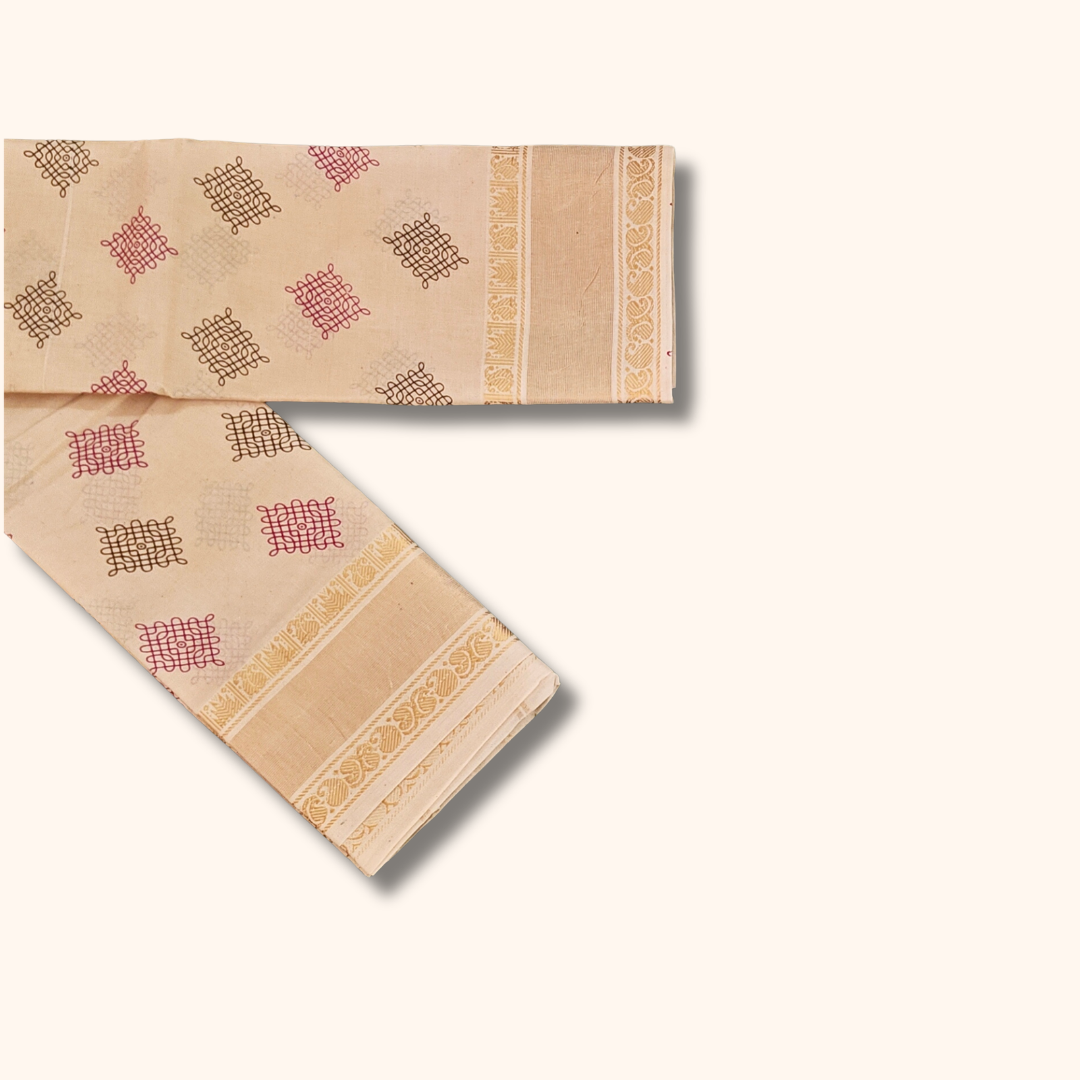 Cream Sungudi Cotton Saree with Kolam Print & Gold Zari Border