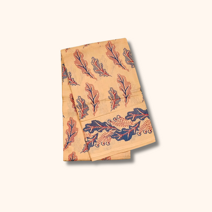 120s Count Vayal Cotton Saree in Beige with Floral Print Border