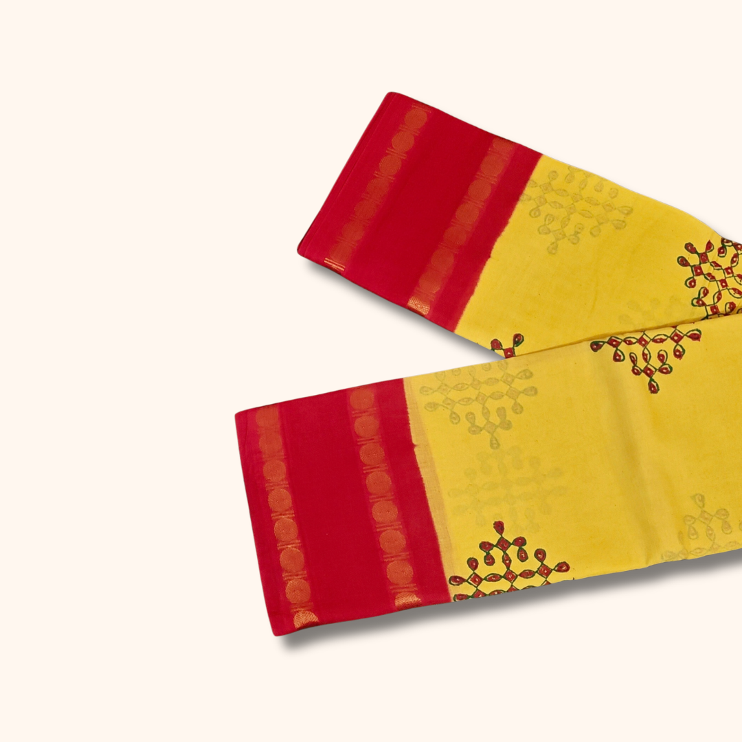 Mustard Yellow Floral Design Cotton Saree with Red Running Blouse