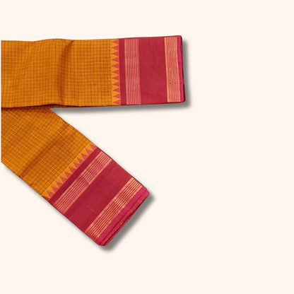 Mustard Checked Chettinad Cotton Saree with Pink Temple Border