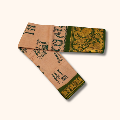 Light Pink Cotton Saree with Green Designer Border and Gold Woven Pallu