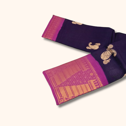 Navy Blue Paisley Sungudi Cotton Saree with Magenta Temple Border
