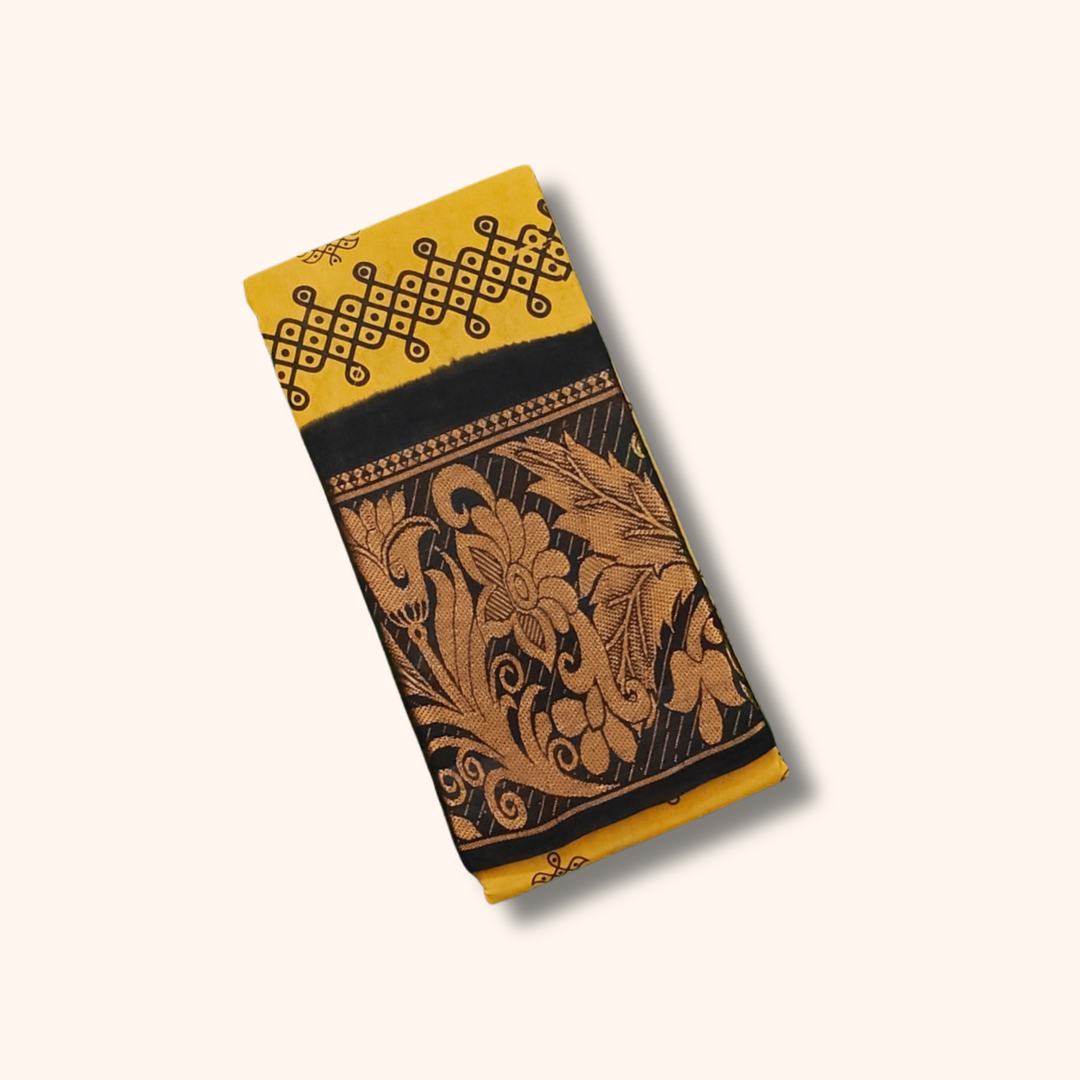 Mustard Yellow Kolam Cotton Saree with Black Floral Border
