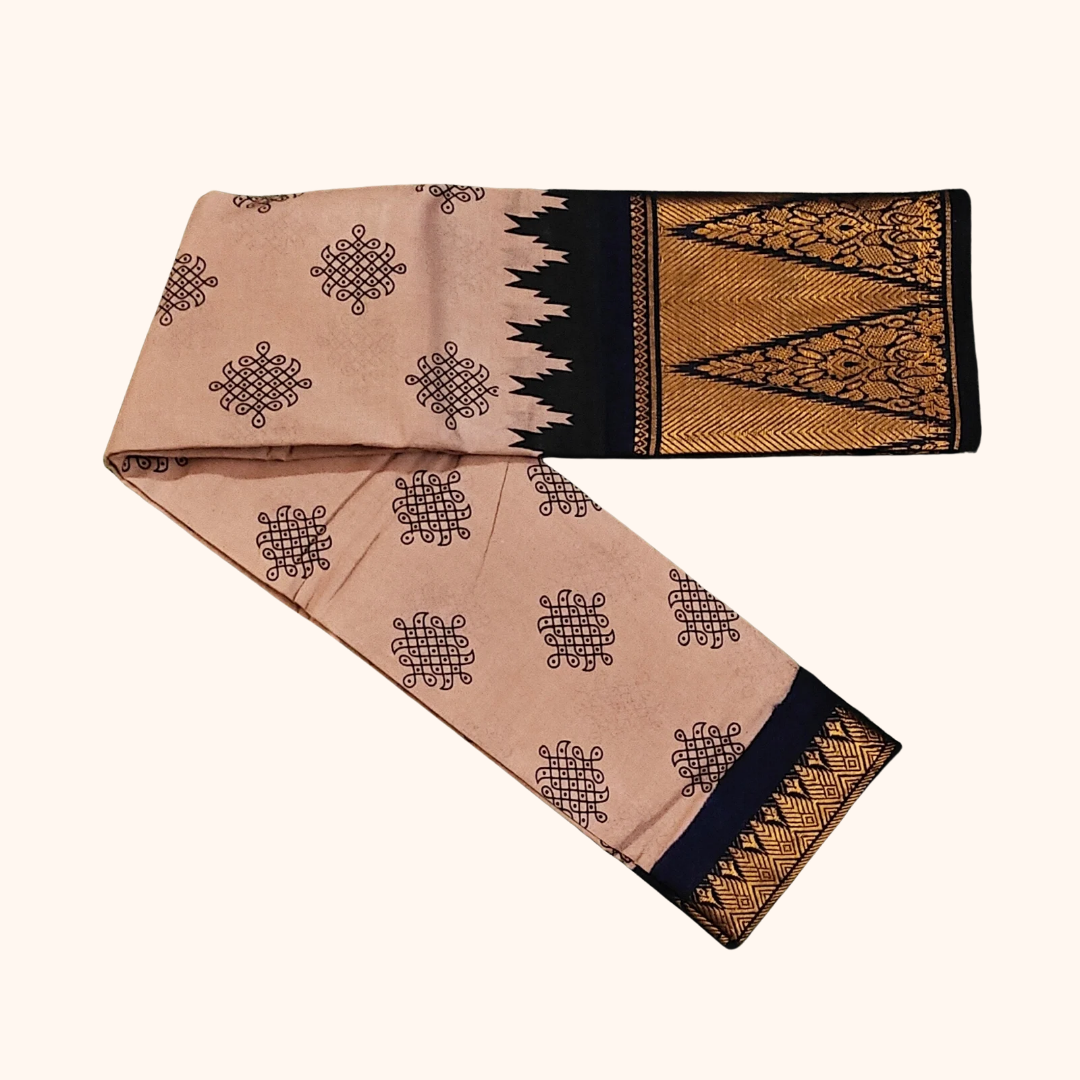 Cream & Black Temple Border Kolam Sungudi Cotton Saree
