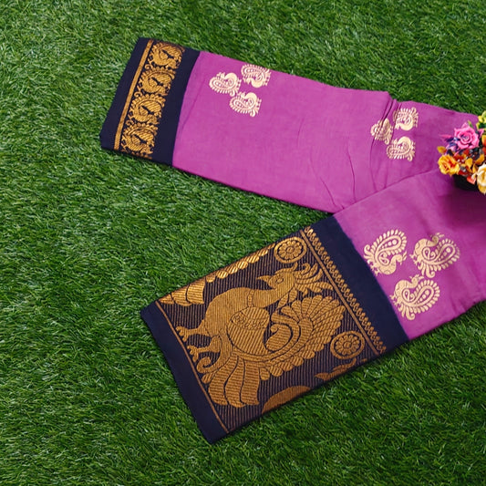 Authentic Magenta Cotton Saree with Rich Peacock Woven Border